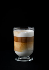 Coffee with milk on dark background. Close up. Copy space. 