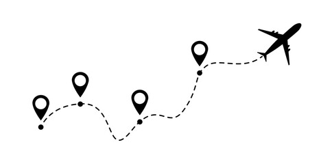 Airplane line vector icon of air plane flight route with start point and line trace isolated on white background