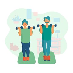 Senior couple doing exercises with dumbbells Workout at home Cartoon illustration