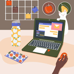 An African woman working in a home office. Work remotely. The girl is sitting at the table and looking at the laptop screen. The concept of Home office. Quarantine and isolation, coronavirus. Vector.