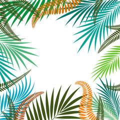 Fototapeta na wymiar Frame with bright tropical leaves on a white background.