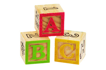 Top and front view of A B C wood blocks white background with clipping path