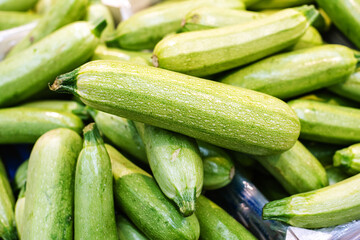 Green zucchini on the counter in the store. Close-up