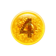 Number 4 in the golden bubble. Vitamins. Bubbles oil inside a large oil bubble isolated on white background