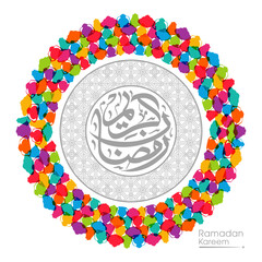 Arabic Calligraphic text of Ramadan Kareem for the Muslim community festival celebration.	