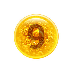Number 9 in the golden bubble. Vitamins. Bubbles oil inside a large oil bubble isolated on white background