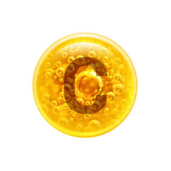 The letter C in the golden bubble. Vitamins. Bubbles oil inside a large oil bubble isolated on white background