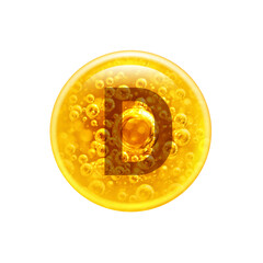 The letter D in the golden bubble. Vitamins. Bubbles oil inside a large oil bubble isolated on white background.