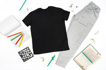 Trendy fashion T-shirt black styled basic clothes and accessories collection on white background....
