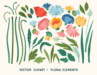 Vector clipart. Floral design elements. Leaves, flowers, grass, branches,