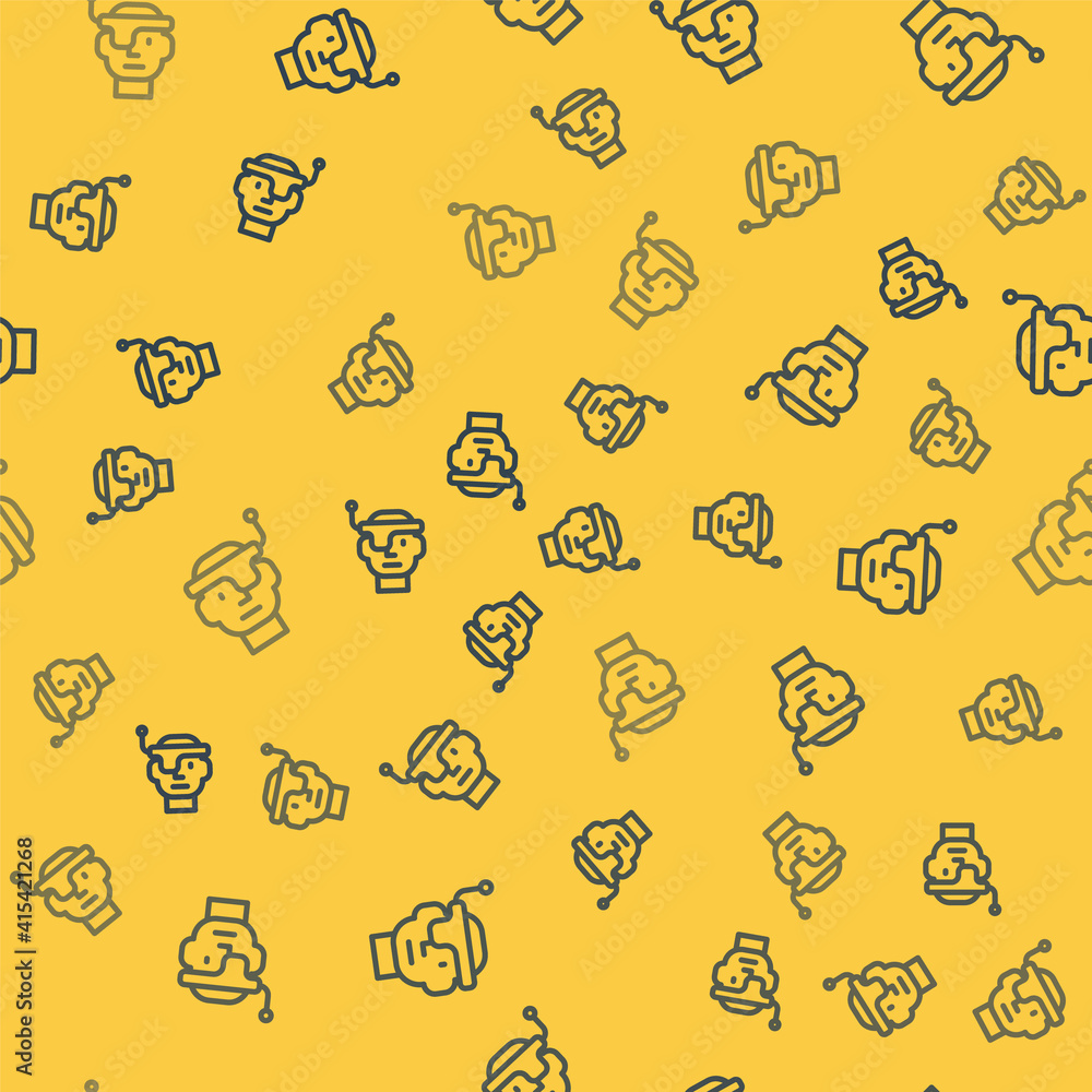Poster blue line smart glasses mounted on spectacles icon isolated seamless pattern on yellow background. w