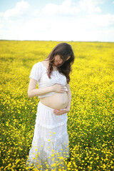 Fototapeta premium Pregnant woman in a dress in a field of flowers