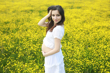 Fototapeta premium Pregnant woman in a dress in a field of flowers