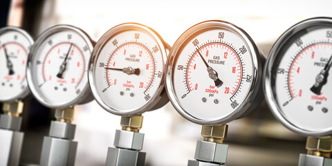 Row of gas pression gauge meters on gas pipeline. Gas extraction, production, delivery and supply concept.