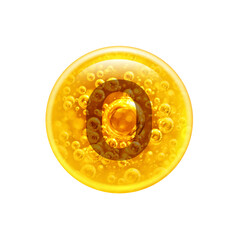 The letter O in the golden bubble. Vitamins. Bubbles oil inside a large oil bubble isolated on white background
