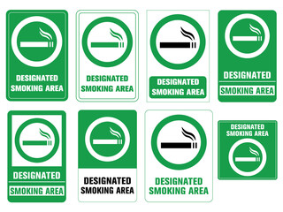 Designated smoking area - green signboard sticker set with public notice information