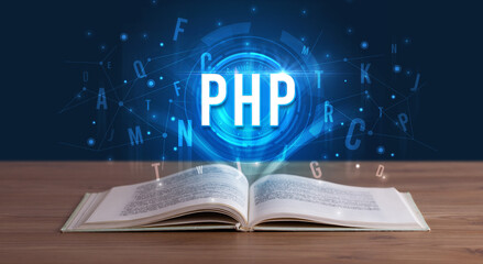 PHP inscription coming out from an open book, digital technology concept