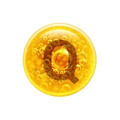 The letter Q in the golden bubble. Vitamins. Bubbles oil inside a large oil bubble isolated on white background