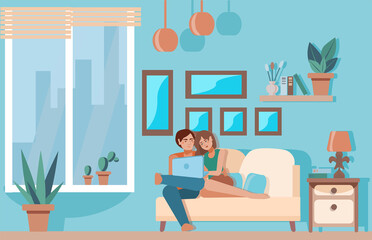 Cozy living room. A young couple gently cuddle on the couch and watch a movie on their laptop. concept of a happy family life. Cute interior with characters. Vector illustration in a flat style.