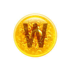 The letter W in the golden bubble. Vitamins. Bubbles oil inside a large oil bubble isolated on white background
