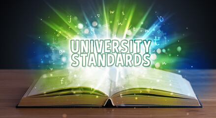 UNIVERSITY STANDARDS inscription coming out from an open book, educational concept