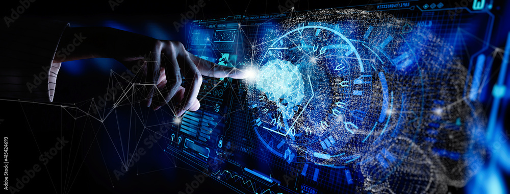 Poster AR and Artificial intelligence (AI) with machine deep learning and data mining and another modern computer technologies UI by hand touching low poly icon.