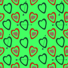 Seamless pattern with hearts on a green background. Drawing for March 8, Mother's Day. Love and friendship theme. For wallpapers, textiles, backgrounds, covers and packaging.