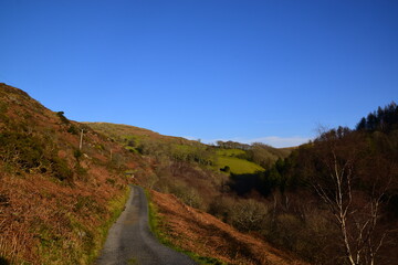 a single track road leading up to the mountains in the sunlight
