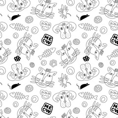 seamless pattern lineart surreal cats vector image