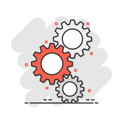 Cartoon gear icon in comic style. Gearwheel illustration pictogram. Cogwheel splash business concept.