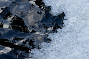 Fototapeta na wymiar Edge of ice next to a flowing water during a cold winter day in Estonia, Northern Europe. 