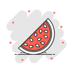 Cartoon watermelon icon in comic style. Juicy ripe fruit sign illustration pictogram. Dessert splash business concept.