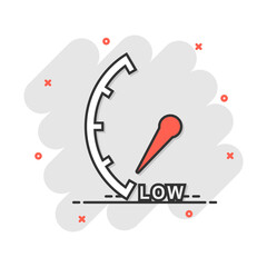 Cartoon low level icon in comic style. Speedometer, tachometer sign illustration pictogram. Risk meter splash business concept.