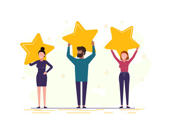 Office people holding the big Stars over their heads. Positive rating, quality work, feedback.