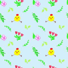 Cheerful chickens with flowers and foliage on a blue background.