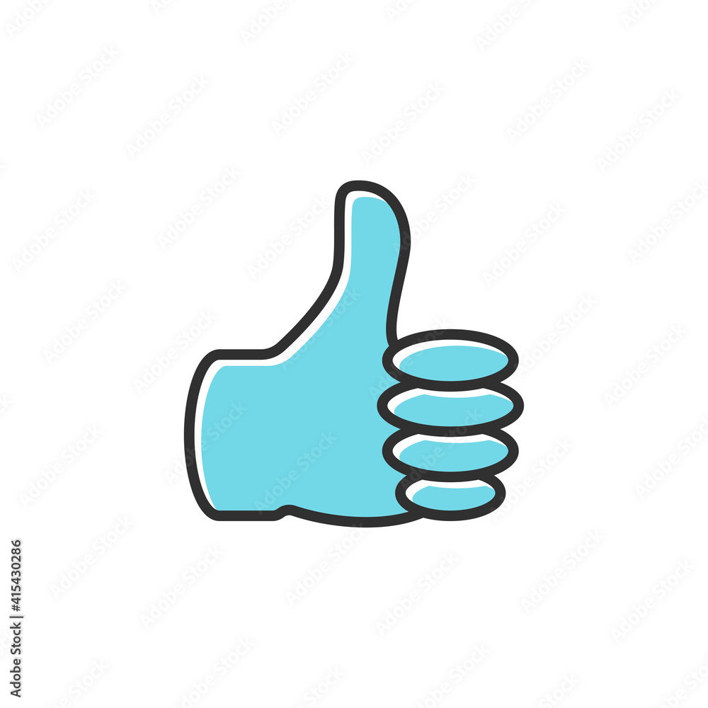 Poster hand thumb up icon. blue hand with outline like symbol isolated on white background. flat vector ico