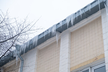 icicles on the roof, winter day, bottom view.
