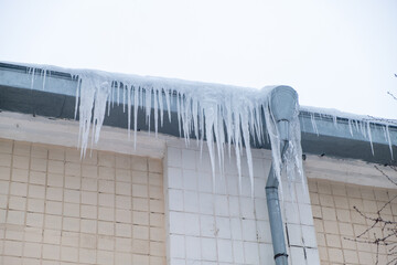 icicles on the roof, winter day, bottom view.