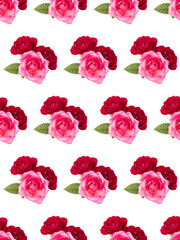 red and pink rose flower bouquet with green leaves isolated on white background cutout. Floral seamless pattern...