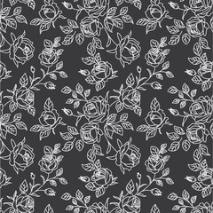 Seamless pattern with abstract garden roses, with buds and leaves silhouette. Black background with blossoming outline flowers. Vintage floral hand drawn wallpaper. Vector stock illustration.