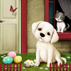 Festive Easter greeting card or poster with little puppy and kitten and  Easter eggs. 