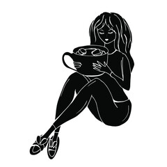 Seated girl with a cup. Vector illustration. Black silhouette.