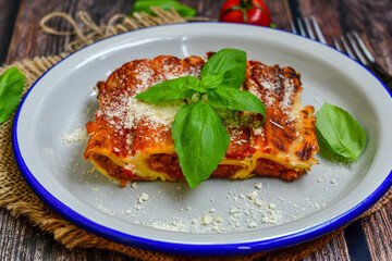 Cannelloni bolognese and parmesan cheese  on a wooden rustic  background.Home made italian meal