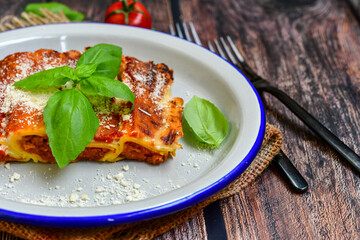 Cannelloni bolognese and parmesan cheese  on a wooden rustic  background.Home made italian meal
