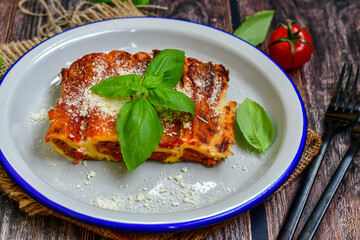 Cannelloni bolognese and parmesan cheese  on a wooden rustic  background.Home made italian meal
