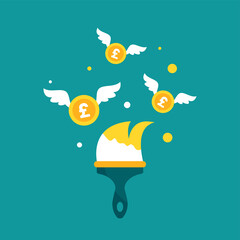 Golden paint brush and flying pound sterlings coins on blue. designer, artist business success.