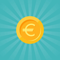 Obraz premium Gold euro coin with rays. Flat icon. Isolated on blue. Economy, finance, money pictogram.