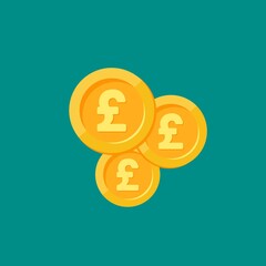 Gold pound sterling coins on turquoise background. Flat vector illustration.