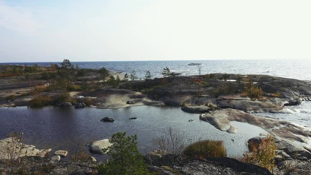 Baltic crystalline shield, esker. Glaciated landscape (glacial plaining). Stone cape, sheepback rock with small autumn birch, dwarf pines in North Ladoga lake (Ladoga skerries)
