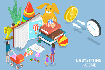 3D Isometric Flat Vector Conceptual Illustration of Babysitting Income, Babysitter Service.